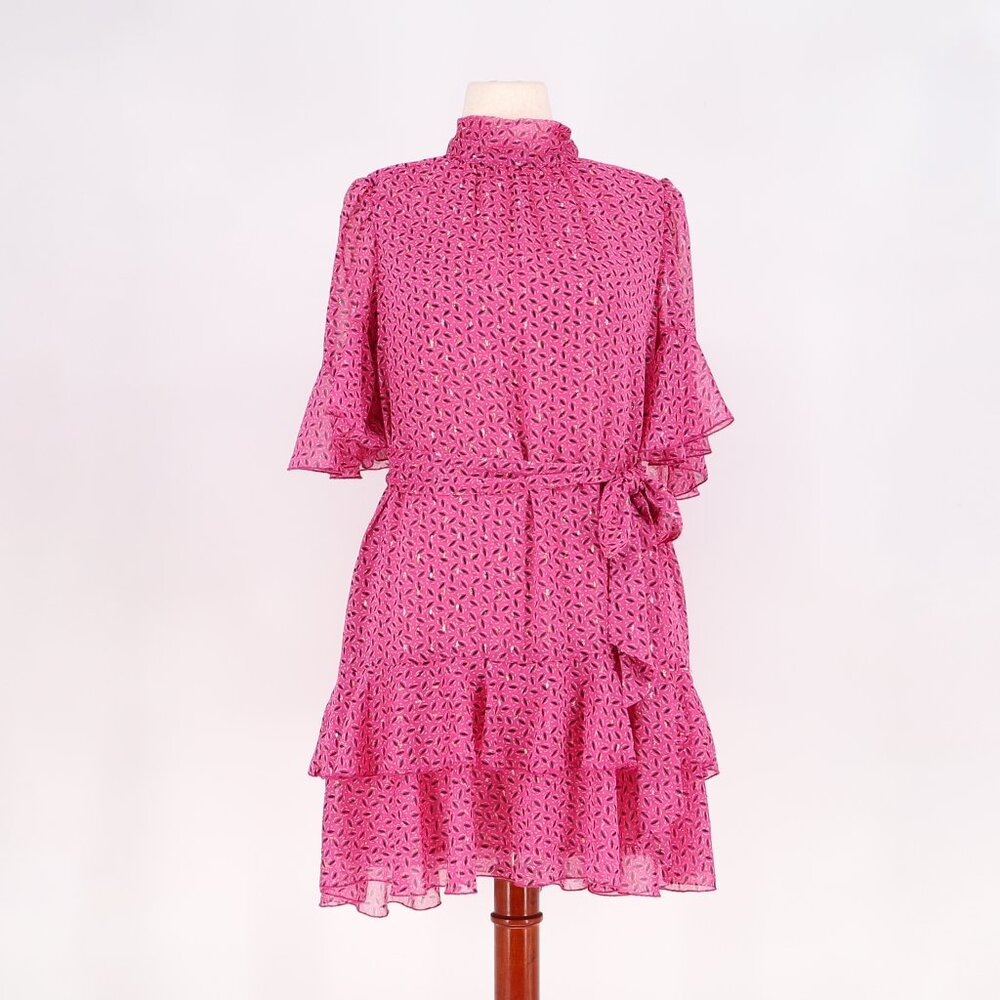 SABINA MUSAYEV Ibiza Tiered Ruffled Hem Belted Mini Dress Pink Print Size L
